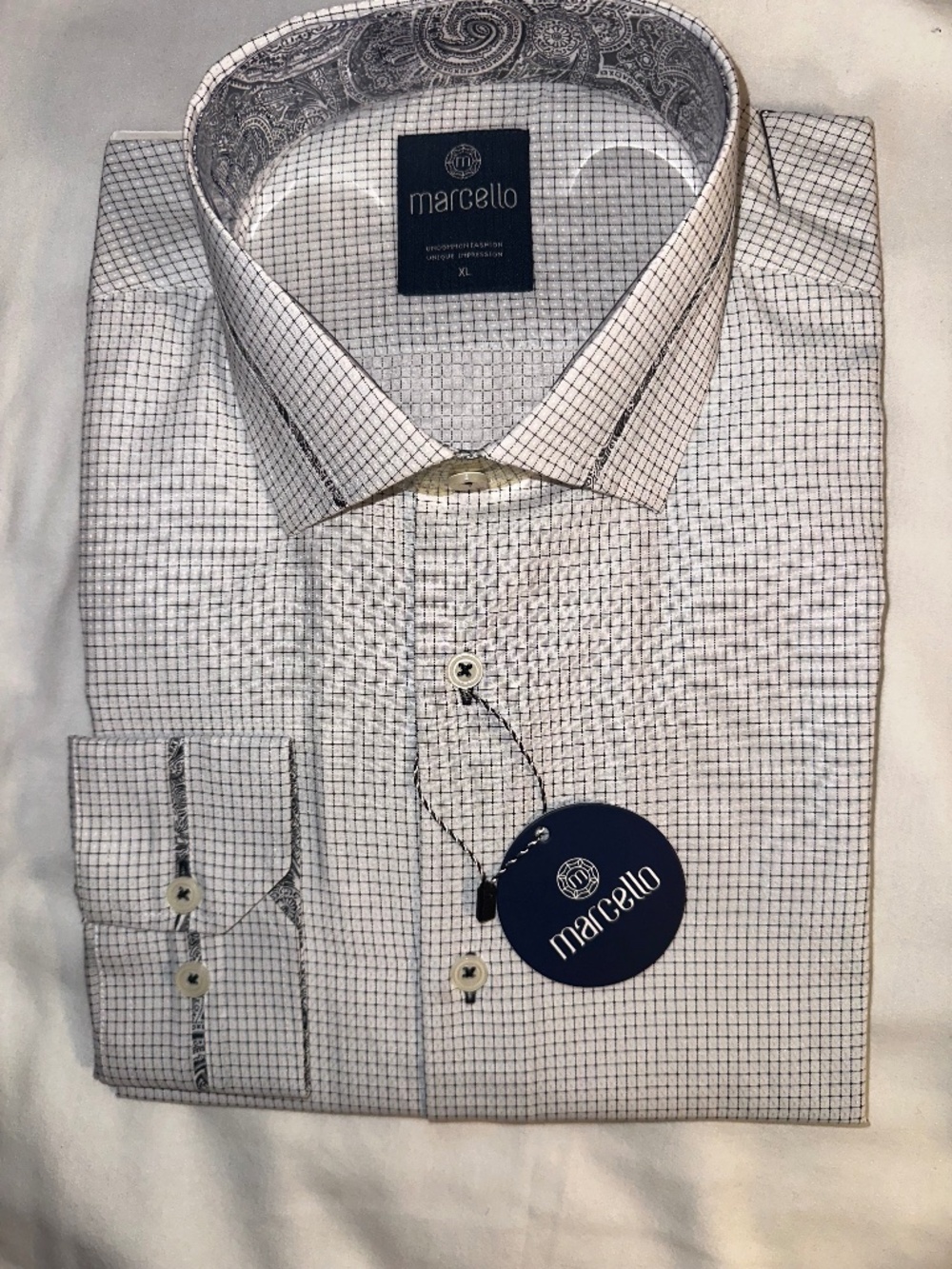 Marcello, L, white with black checks men shirt
